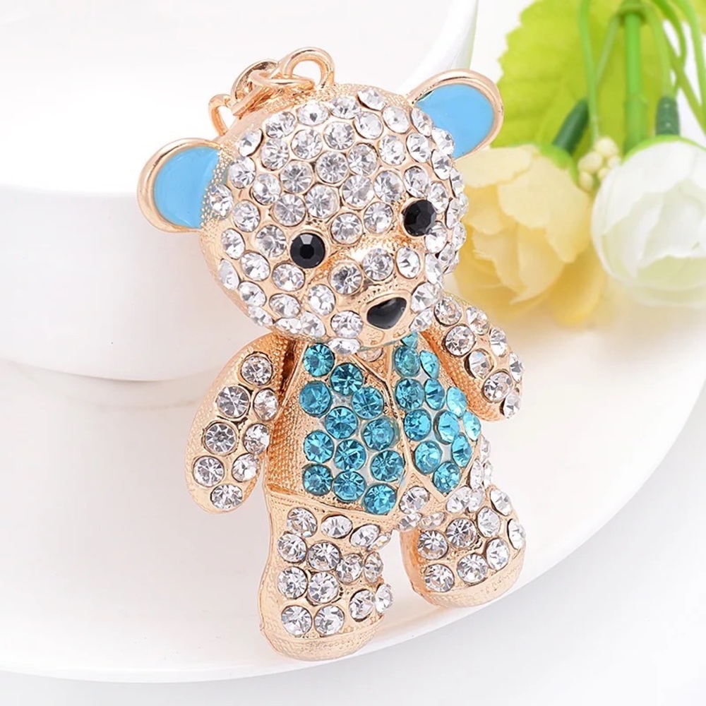 Blue and Silver Crystal Teddy Bear Keychain Charm